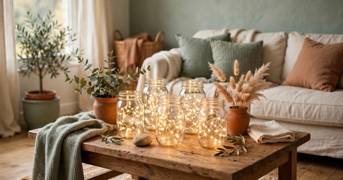 Fairy lights glowing inside glass mason jars on a coffee table in a cozy living room