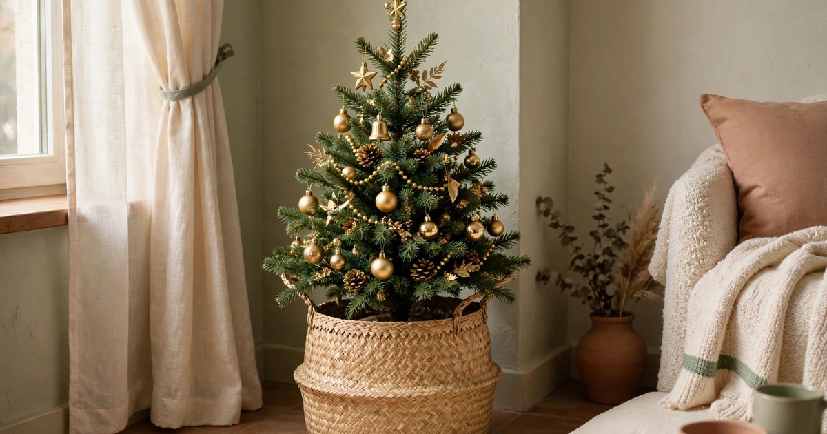 Small tabletop Christmas tree in a woven seagrass basket in a rental living room corner