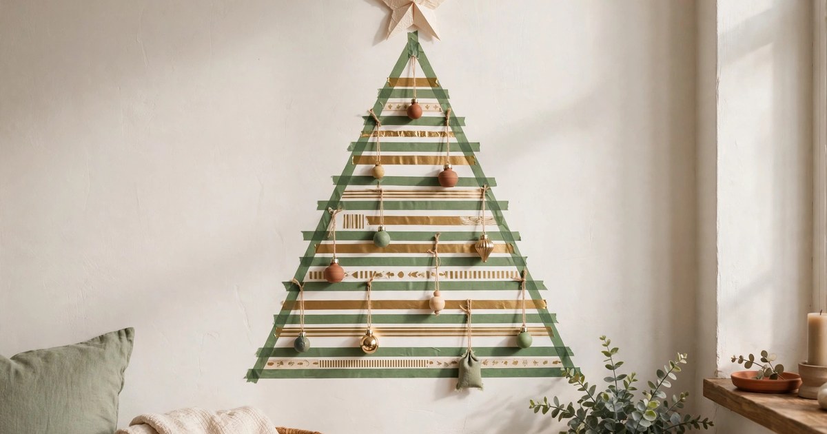 Christmas tree shape made of washi tape on a rental apartment wall with small hanging ornaments