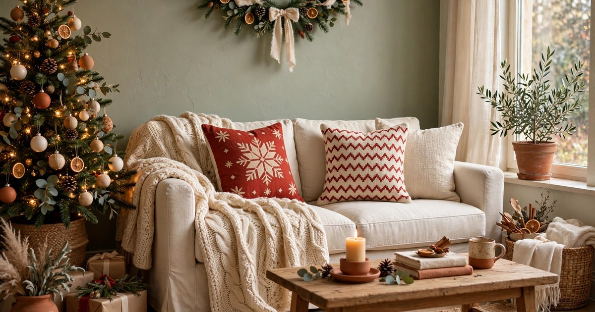 Sofa with festive red and cream pillow covers and a chunky knit throw in a cozy living room
