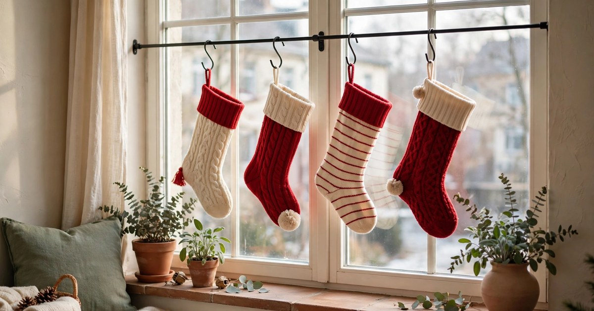 Christmas stockings hung from a tension rod in a rental apartment