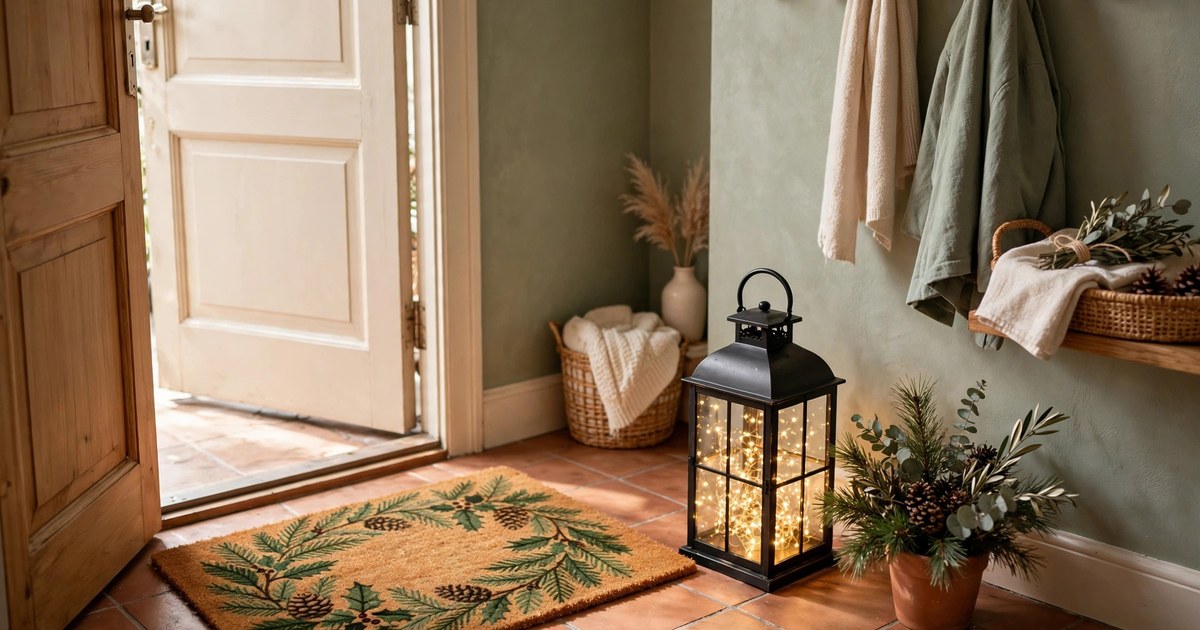 Apartment entryway with a festive doormat, lantern with fairy lights, and a small pine arrangement