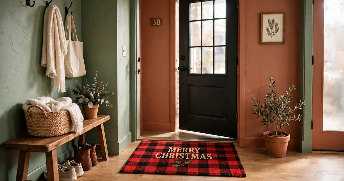 A red and black buffalo plaid Christmas doormat at an apartment entrance