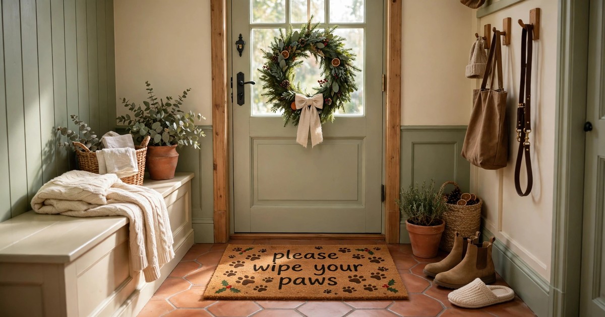 A humorous Christmas doormat reading please wipe your paws with paw prints