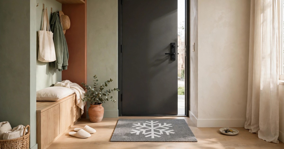A minimalist grey and white snowflake Christmas doormat at a modern apartment door