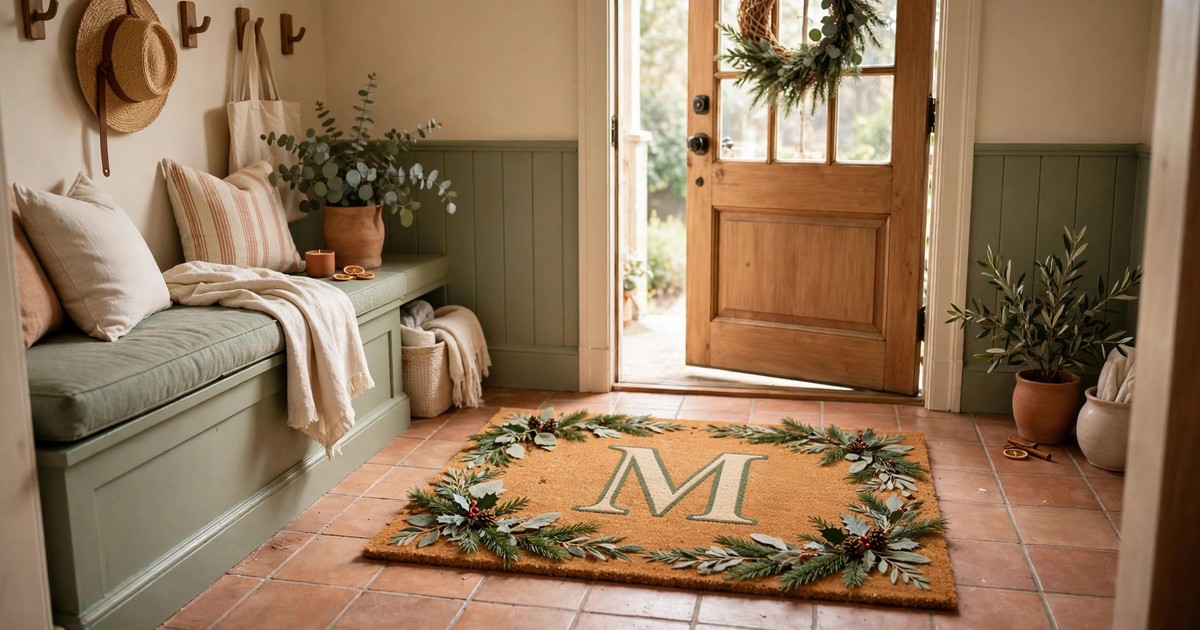 A Christmas doormat with a monogram initial letter and festive greenery border