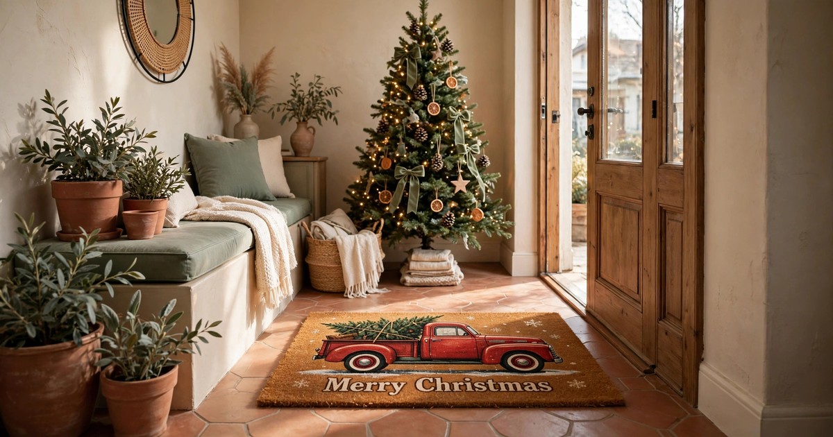A vintage red truck Christmas doormat with a Christmas tree in the back
