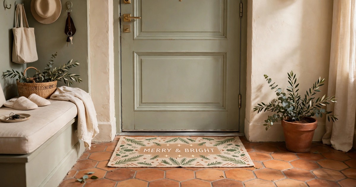 A thin washable Christmas doormat fitting under a low-clearance apartment door