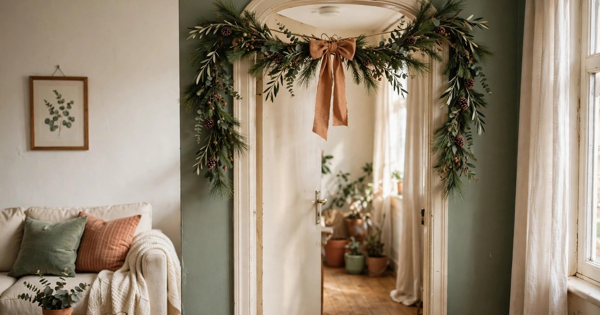A pine garland swagged over an interior doorway with a bow in a rental apartment