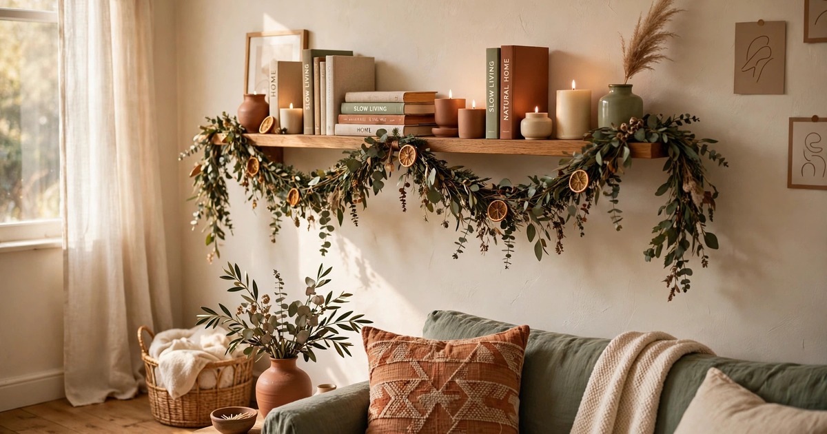 Garland draped along a wall shelf with books and candles in a cozy rental living room