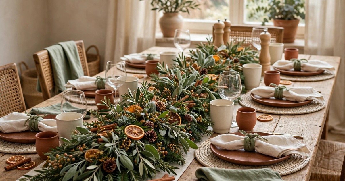 A lush garland used as a table runner down the centre of a Christmas dining table