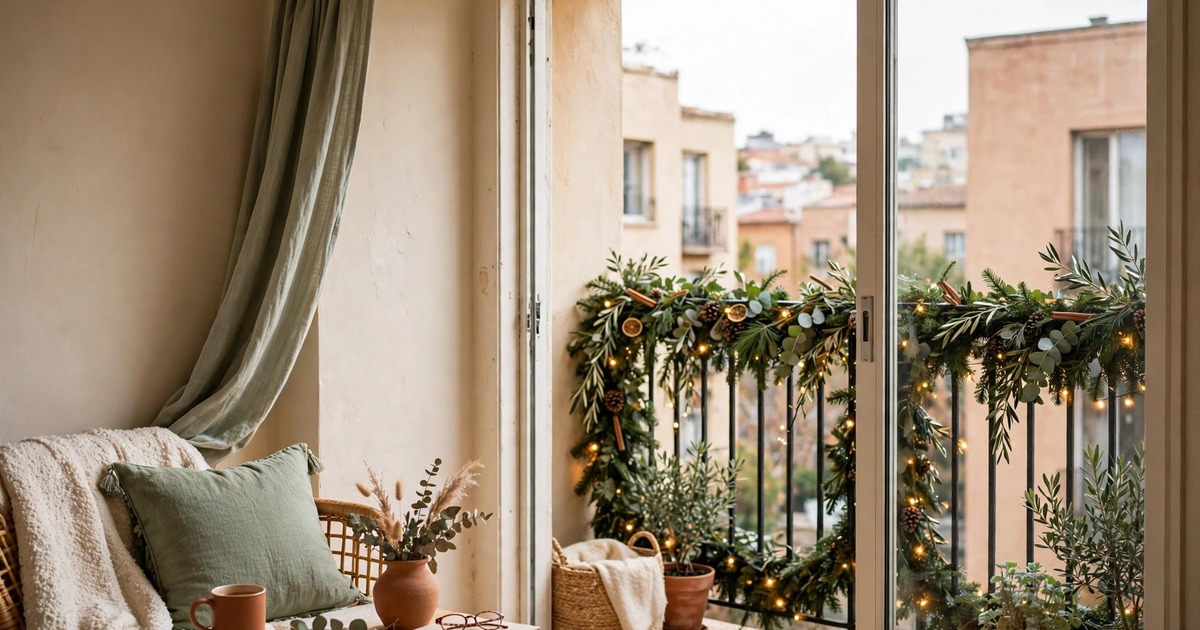 Christmas garland wrapped along an apartment balcony railing with outdoor fairy lights