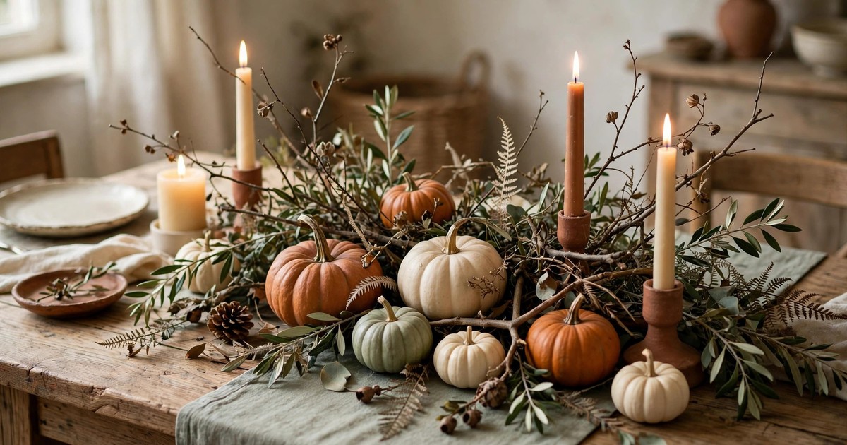 A Thanksgiving table centerpiece made of foraged branches, pumpkins and candles