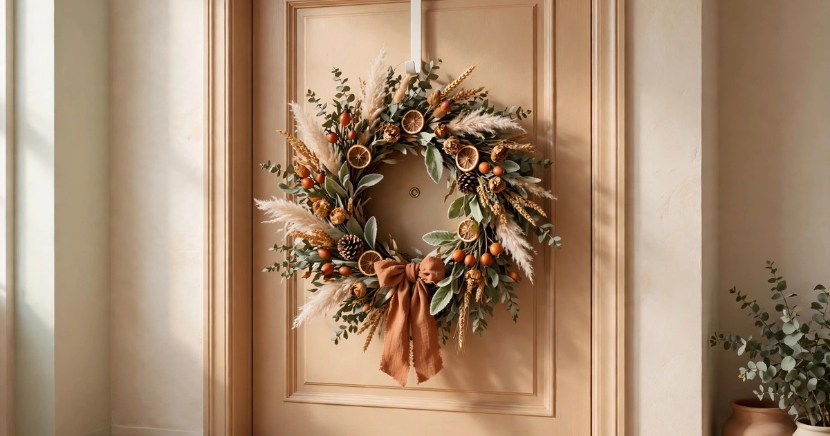 A fall wreath hanging on an apartment door with a removable over-door hook