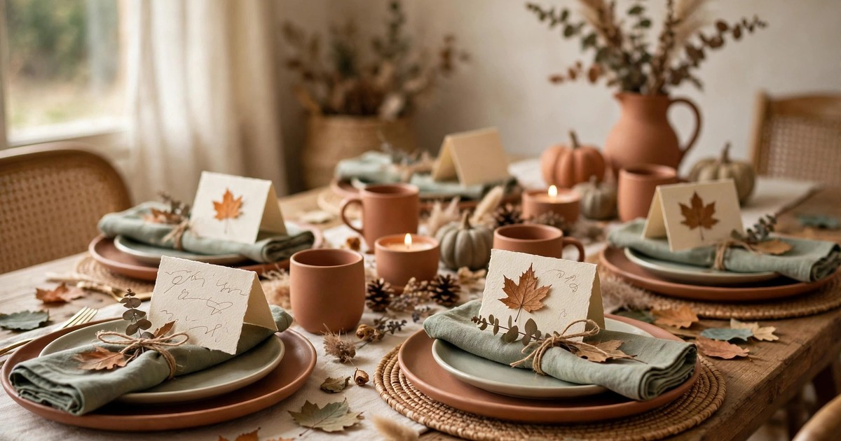 Handwritten Thanksgiving place cards with autumn leaves at each table setting