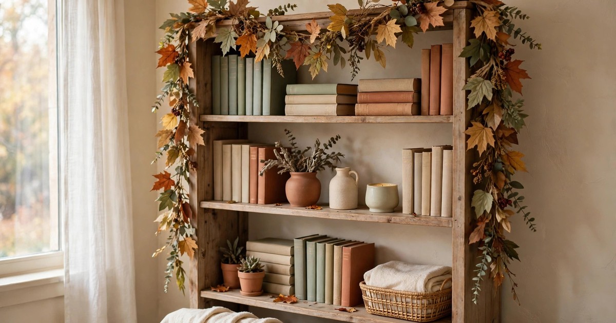 An autumn leaf garland draped along a bookshelf in a rental apartment