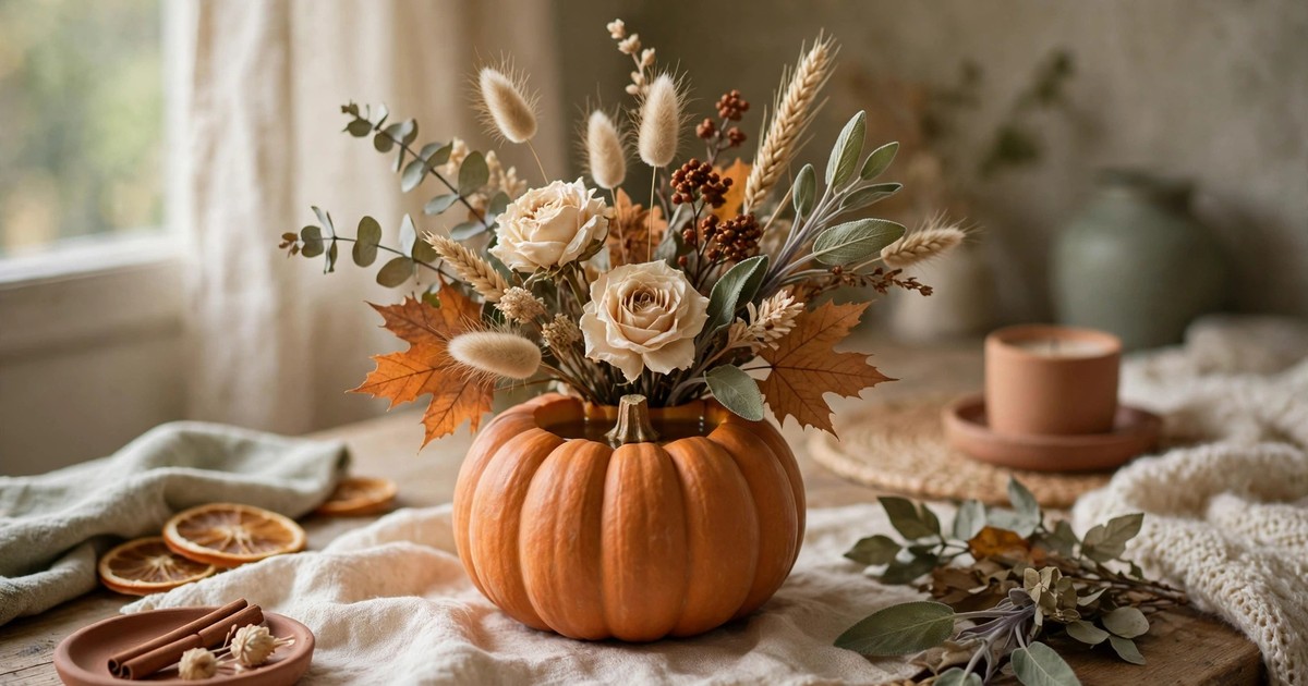 A small pumpkin used as a vase holding autumn flowers on a table