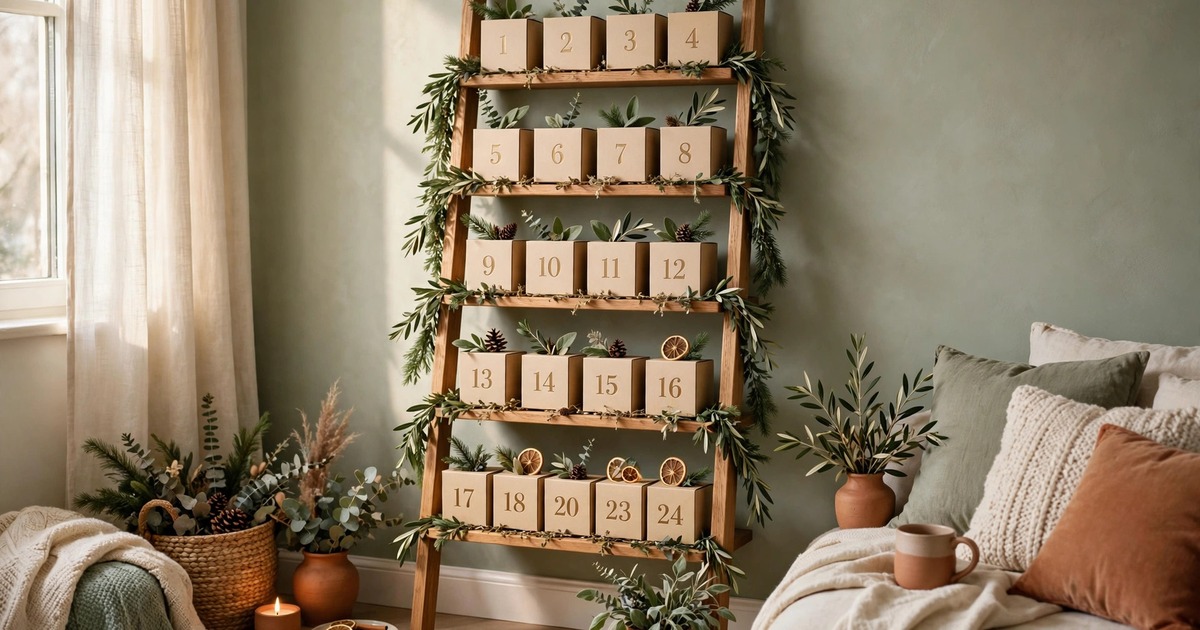 A wooden ladder shelf styled with numbered boxes and greenery as an advent countdown display