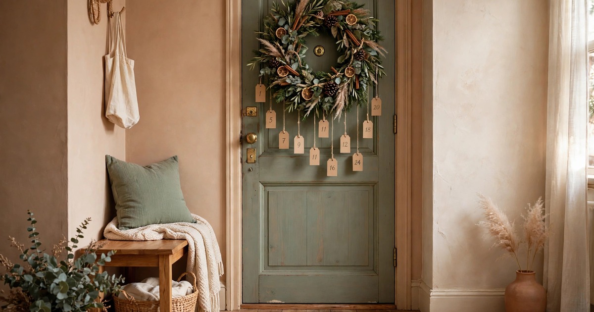 A Christmas wreath with numbered tags hanging on an apartment front door