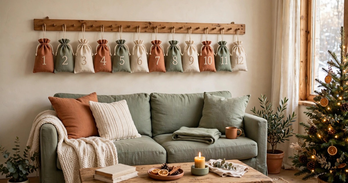 A wooden peg rail above a sofa holding numbered advent pouches in a small living room