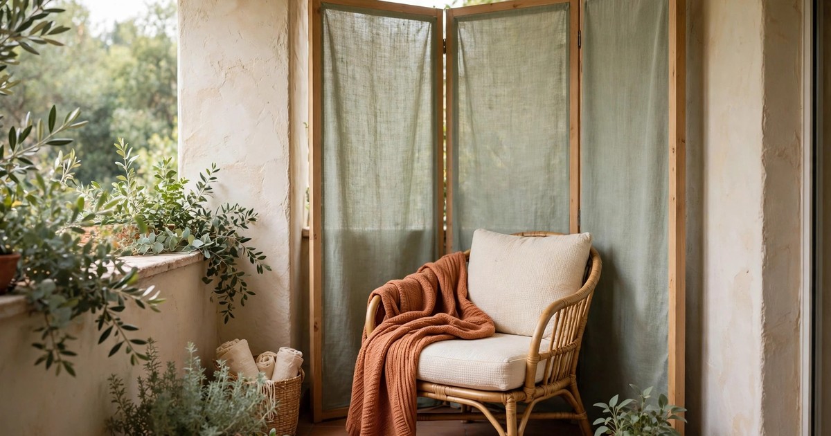 A sheltered balcony corner with a small cushioned chair, wind-blocking screen and warm throw blanket
