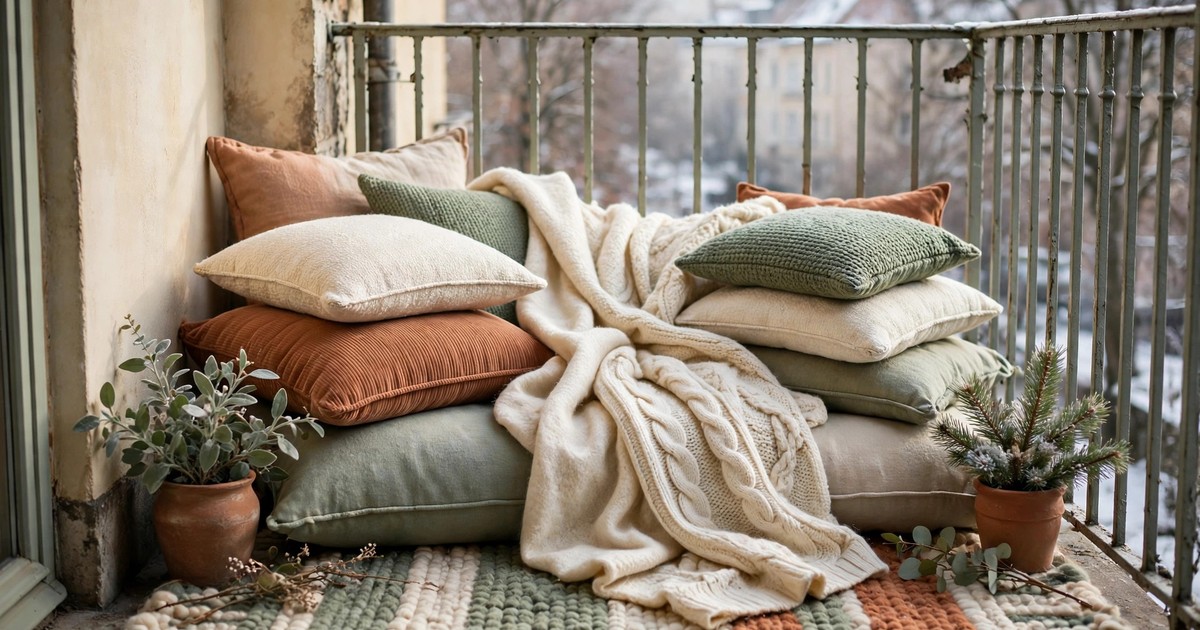 Layered outdoor cushions, a wool throw and a thick rug on a small winter balcony
