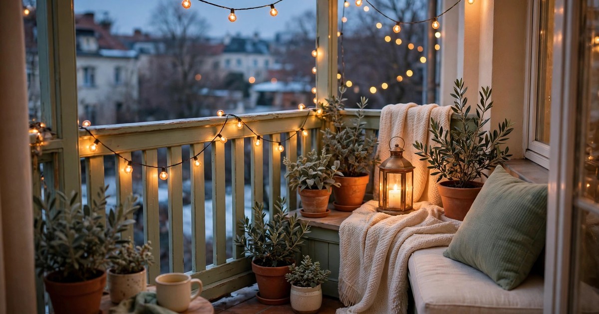 Warm string lights and a glowing lantern on a small balcony at winter dusk