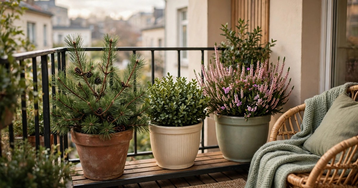 Hardy evergreen planters with pine, boxwood and winter heather on a small apartment balcony