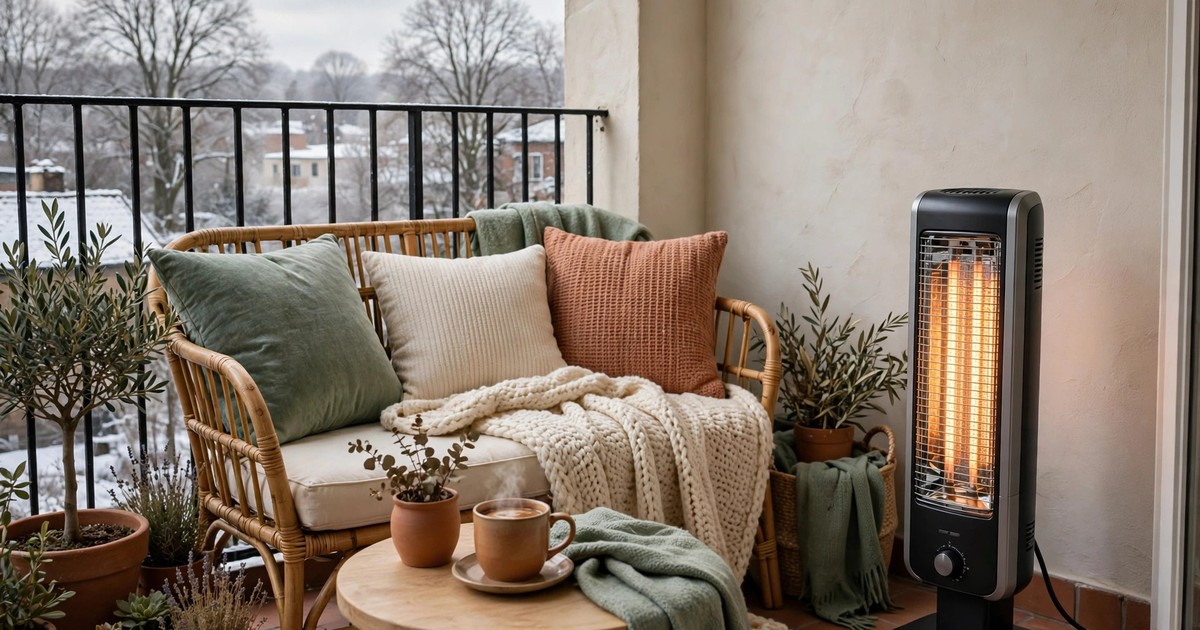 A small electric patio heater warming a cozy balcony seating corner in winter
