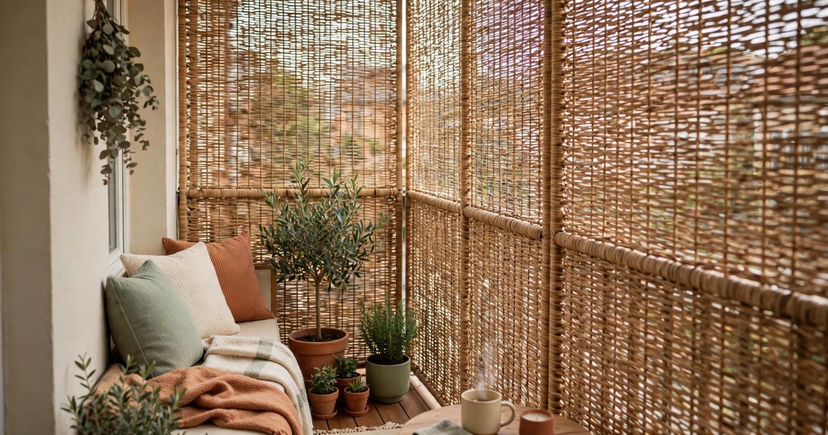 A woven balcony privacy screen blocking wind and adding warmth to a small balcony