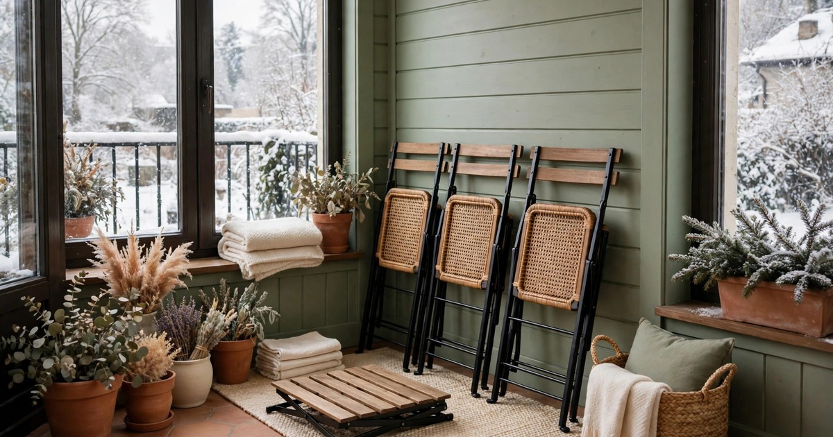 Fold-away bistro chairs and a small folding table stored neatly on a winter balcony