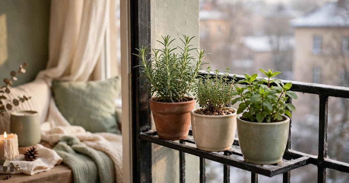 A small winter herb garden with rosemary, thyme and mint in pots on a balcony railing