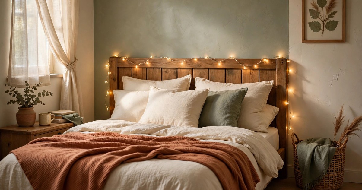 Warm fairy lights draped along a wooden headboard in a small cozy bedroom