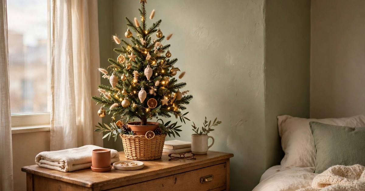 A mini decorated Christmas tree on a bedroom dresser in a small apartment