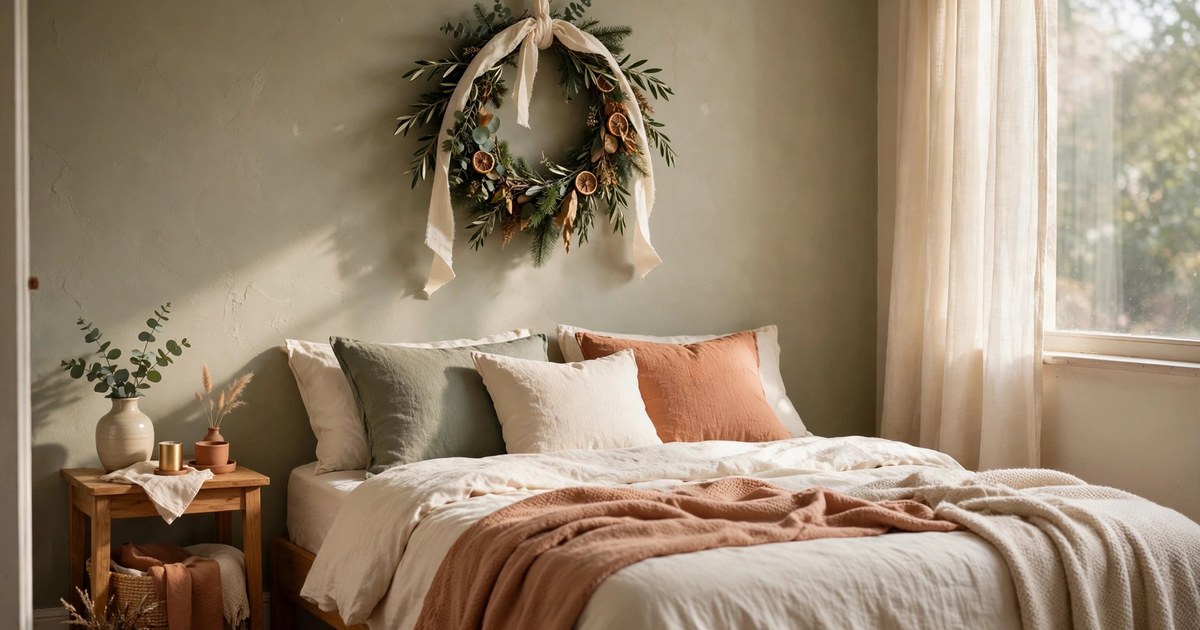 A festive wreath with greenery and dried oranges hanging above a bed in a small apartment bedroom