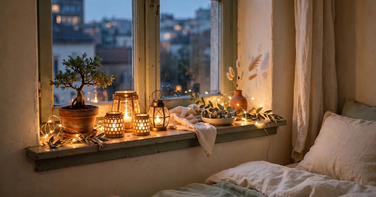 A bedroom windowsill display with glowing lanterns and fairy lights at dusk in a small apartment