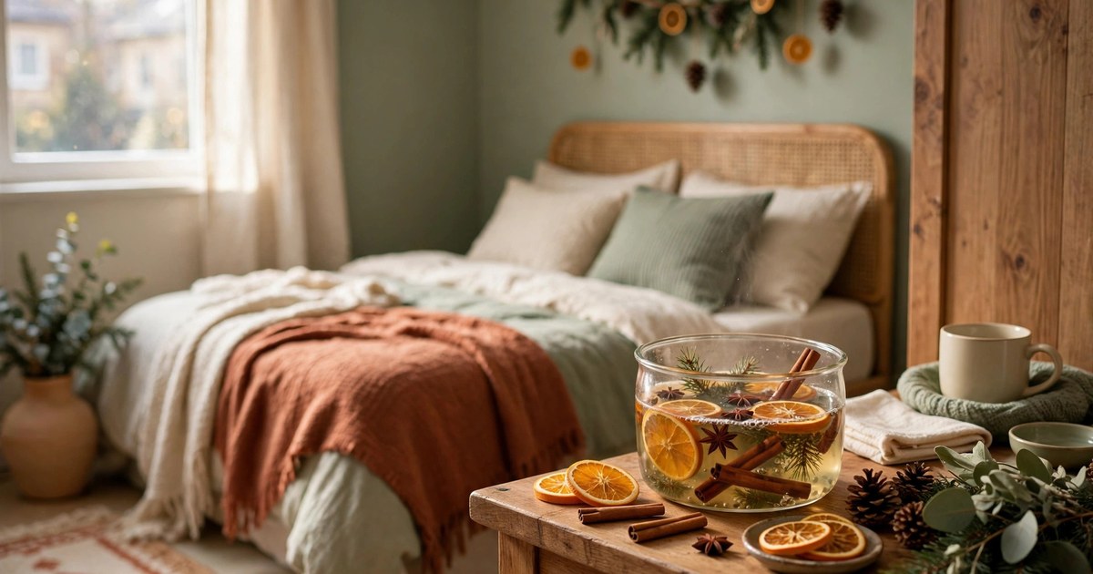 A simmer pot with cinnamon and orange on a bedside table in a cozy Christmas bedroom