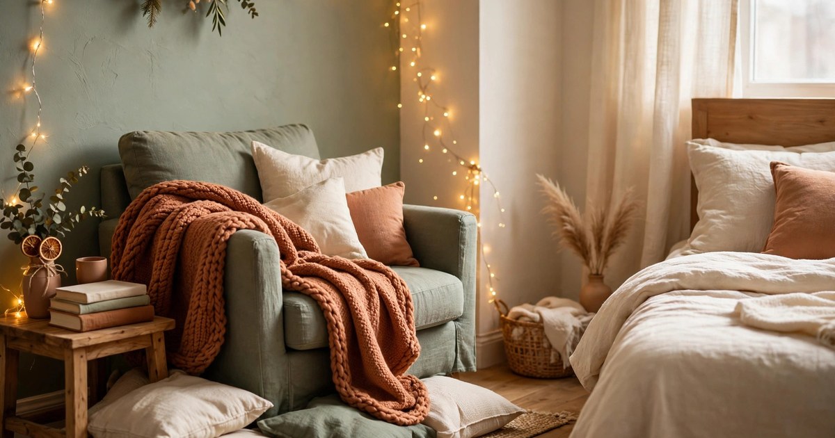 A cozy reading corner by a bed in a small apartment bedroom with an armchair, lamp and blanket