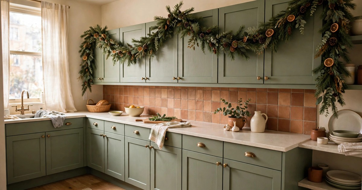 A faux pine garland draped along the top of kitchen cabinets in a small apartment kitchen