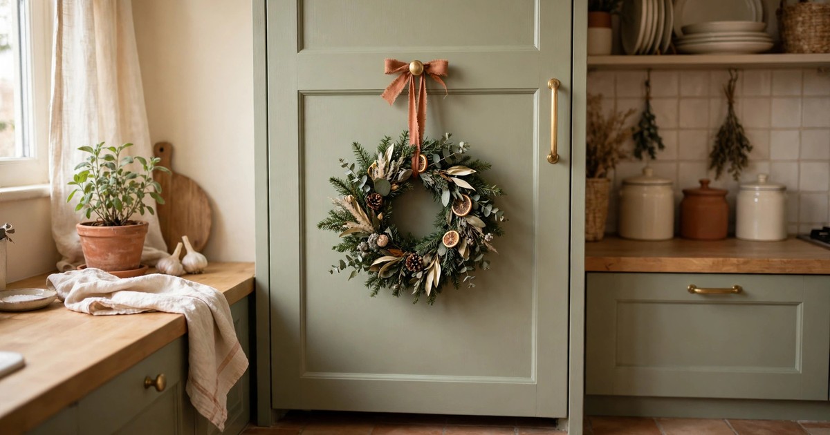 A small Christmas wreath hanging on a kitchen cabinet door with a ribbon in a cozy apartment kitchen