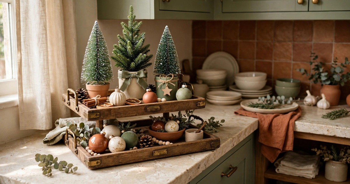 A two-tiered tray with mini Christmas trees and ornaments on a kitchen counter corner