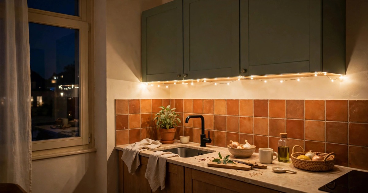 Warm fairy lights strung under kitchen wall cabinets glowing in a small apartment kitchen at night