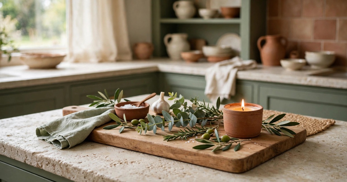 A wooden cutting board styled with fresh greenery and a candle on a kitchen counter