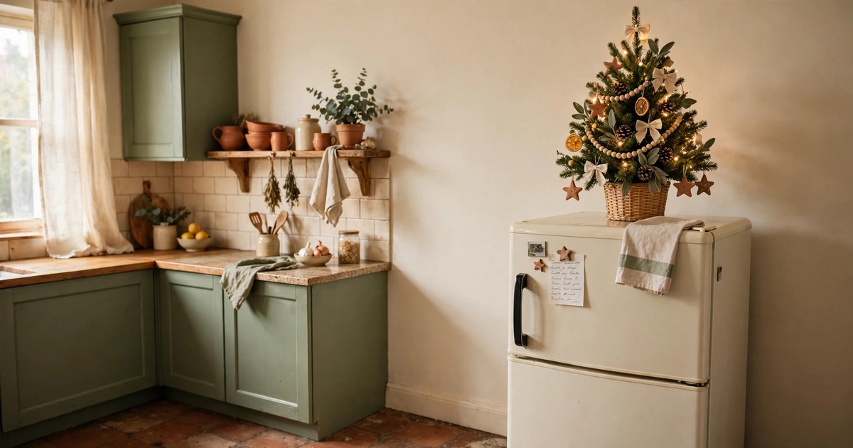 A small decorated mini Christmas tree on top of a fridge in a small apartment kitchen