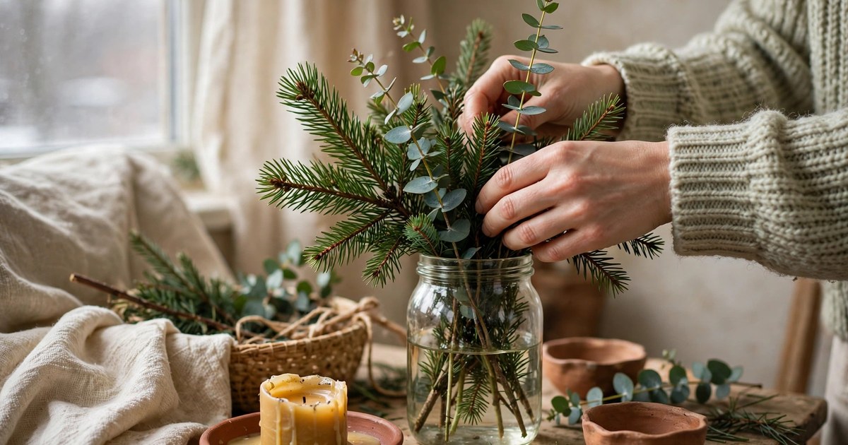 Fresh greenery cuttings arranged in a jar in a small apartment