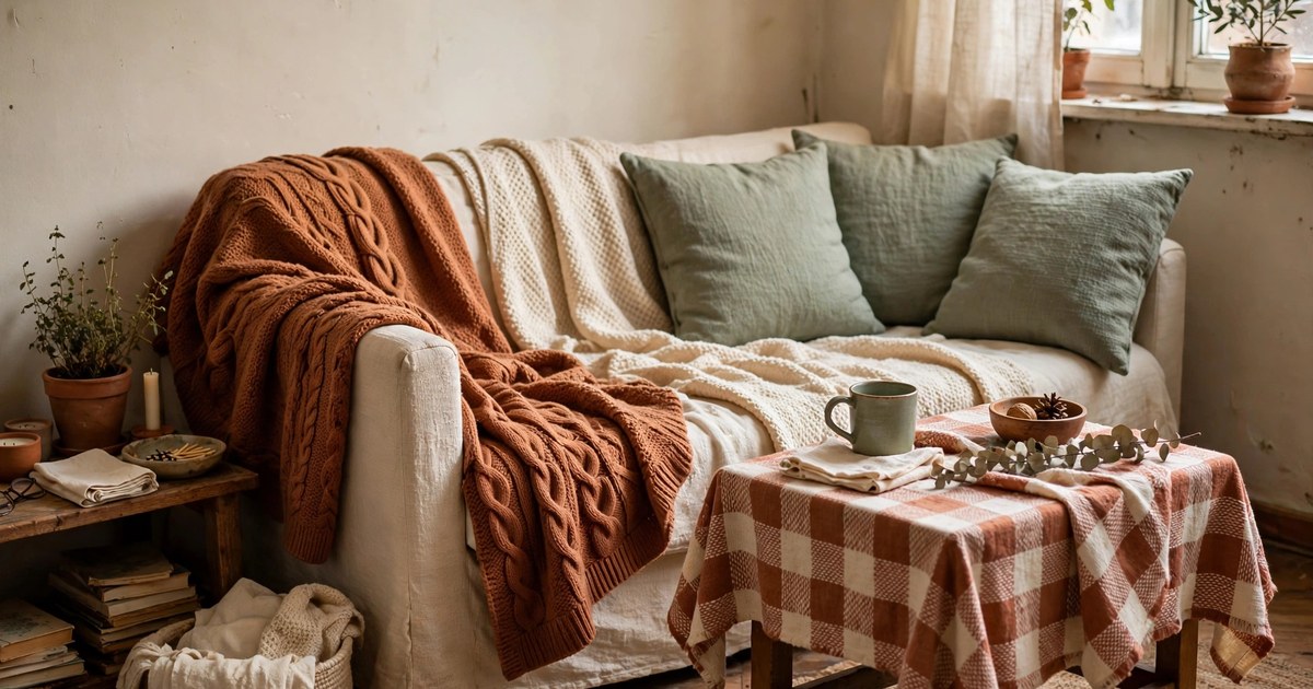 A small living room restyled for Christmas by swapping textiles