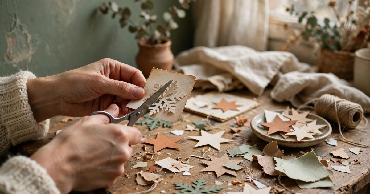 Paper stars and snowflakes cut from scrap paper at a kitchen table