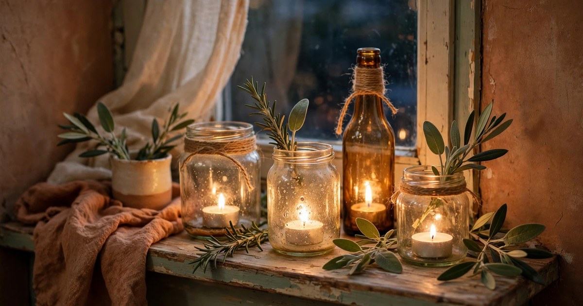 Glass jars turned into glowing candle lanterns on a windowsill