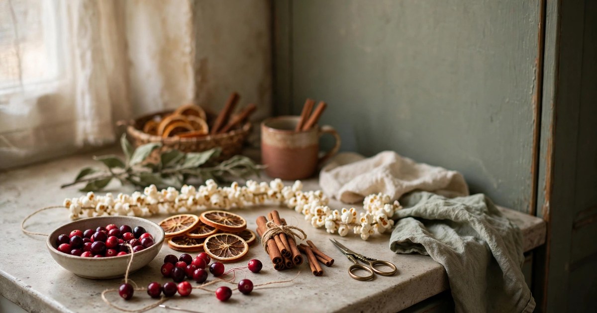 Edible Christmas decorations made from dried oranges, cinnamon and popcorn