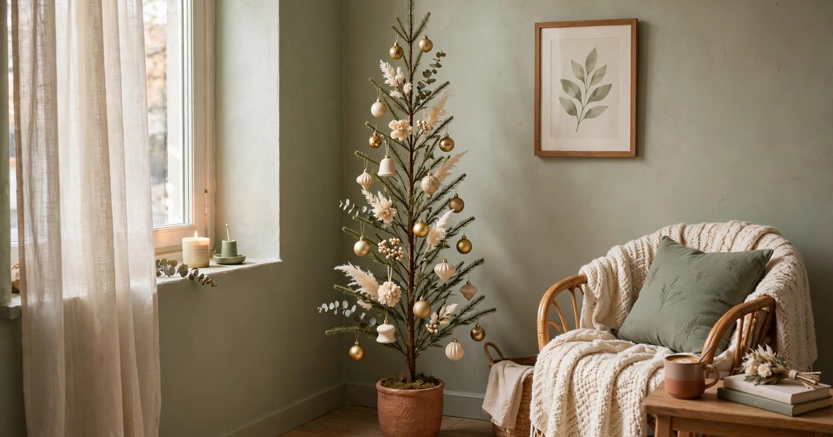 Slim pencil Christmas tree in a small apartment corner decorated with gold and cream ornaments